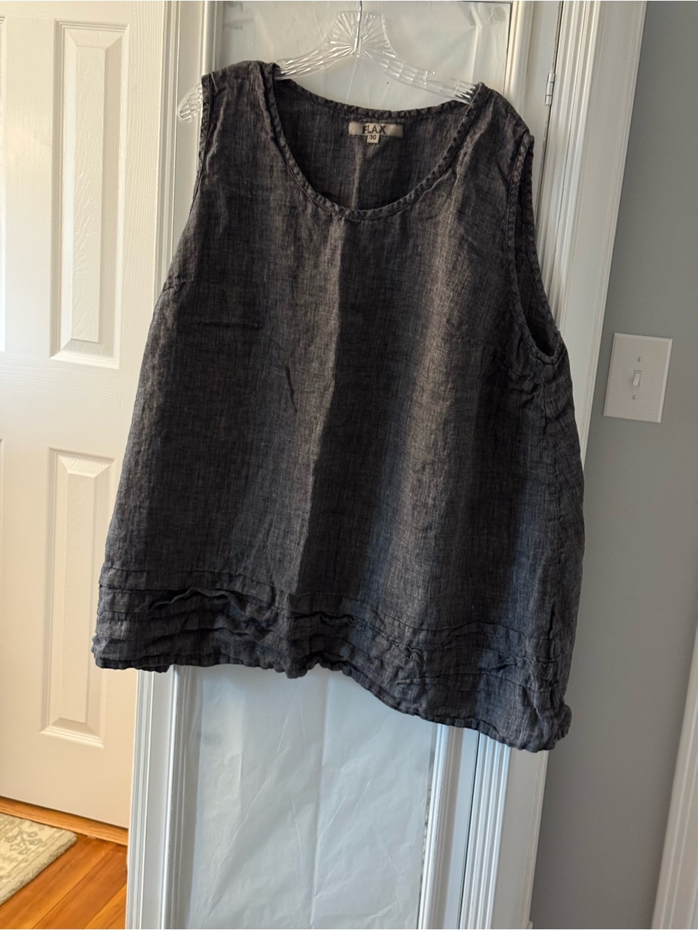 Flax Textured Scoop Neck Sleeveless Linen Tunic with Pleated Ruffle Hem Size 3G